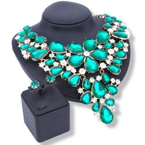 18k gold plated green flower necklace earrings set